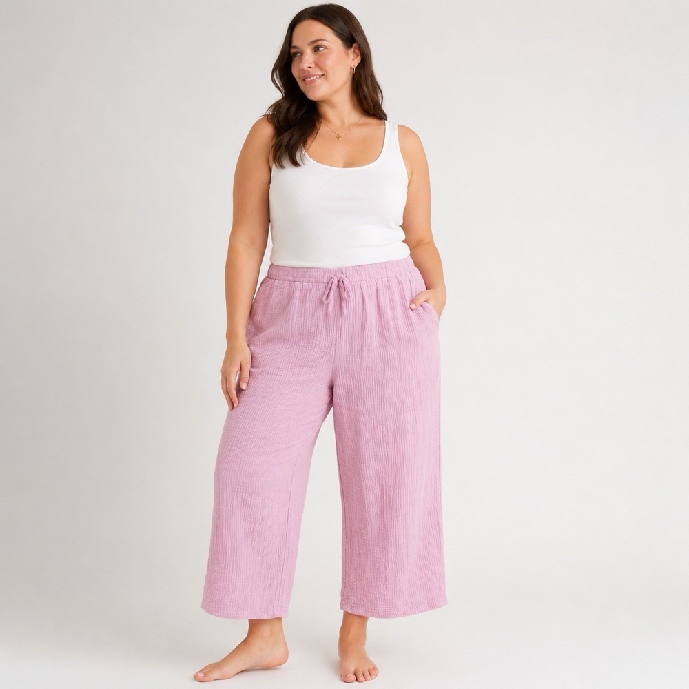 Born Pink Cotton Gauze Wide Leg Crop Pants XL Coastal Beach Pull On